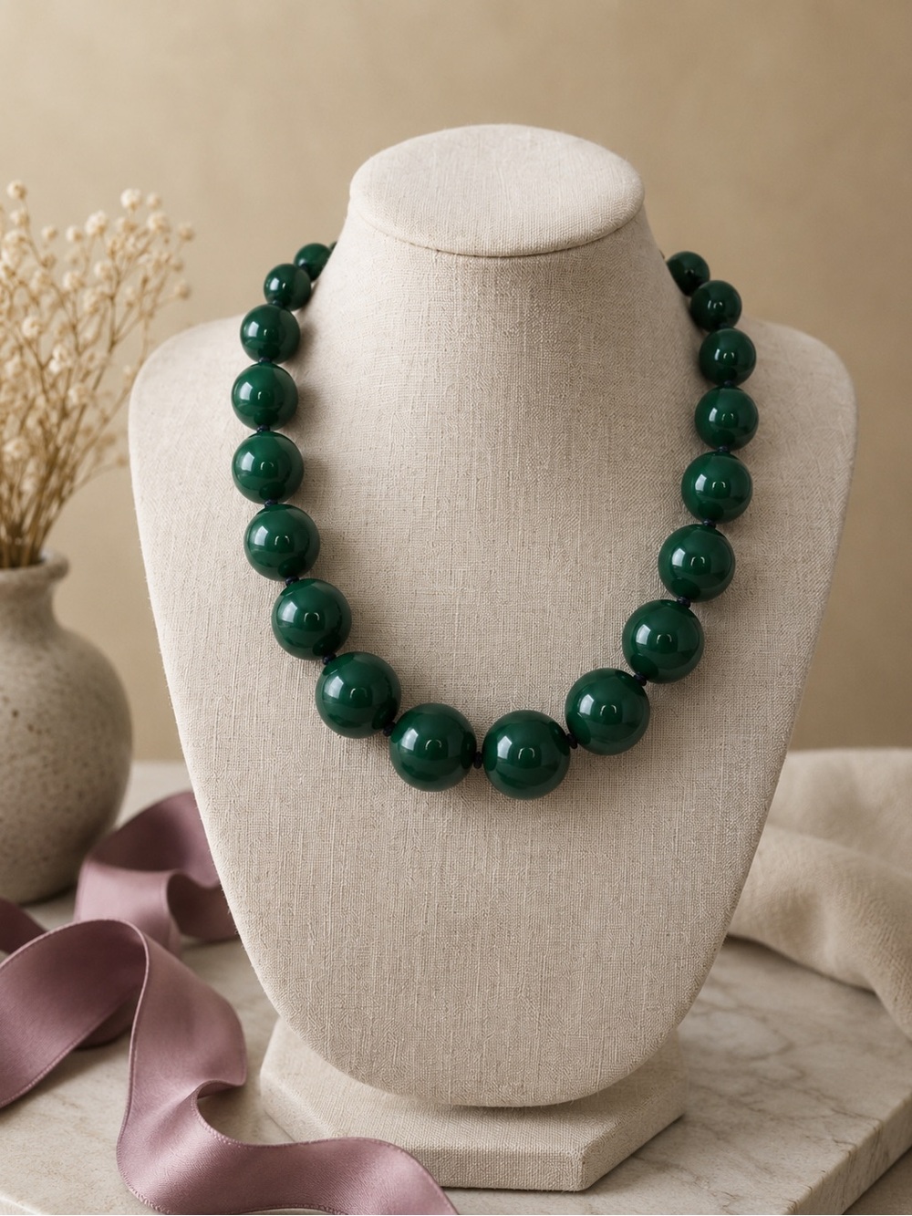 VENDOME Vintage Mid-Century Forest Green Chunky Bead Choker Necklace